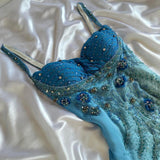 Blue gorgeous beautiful stylish unique elegant exquisite floral beading long chiffon ball gown evening dress party dress HZ1023