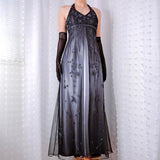 Black and gray retro fashion gradient color beaded floral halter neck gothic elegant long Tulle prom dress evening dress party dress HZ1023