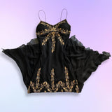 Black Gold Beautiful Embroidery Beaded Floral Spaghetti Strap Long Chiffon Ball Gown Evening Party Dress Prom Dress HZ1023