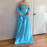 Light Blue Vintage Fashion Playful Deep V Exquisite Floral Beaded Halter Long Satin Tulle Fairy Ball Gown Square Neck Prom Dress Evening Dress Birthday Party Dress HZ1023