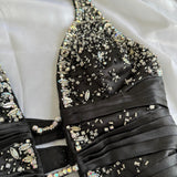 Black Gorgeous Vintage Fashion Elegant Exquisite Beaded Spaghetti Strap Long Satin Ball Gown Evening Gown Birthday Party Dress Prom Gown HZ1023