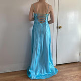 Light Blue Vintage Fashion Playful Deep V Exquisite Floral Beaded Halter Long Satin Tulle Fairy Ball Gown Square Neck Prom Dress Evening Dress Birthday Party Dress HZ1023