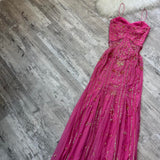 Stunning Rare Hot Pink Vintage Fashion Elegant Delicate Floral Sequin Long Chiffon Sequin Ball Gown Evening Dress Birthday Party Dress Fairy Dress Homecoming Dress Wedding Guest Dress Prom Dress HZ1023