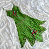 Grass Green Exquisite Floral Embroidery Spring Fairy Retro Fashion Spaghetti Strap Midi satin Ball Gown Evening Dress Birthday Party Dress Prom Dress HZ1023