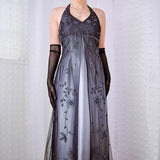 Black and gray retro fashion gradient color beaded floral halter neck gothic elegant long Tulle prom dress evening dress party dress HZ1023