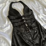 Black Gorgeous Vintage Fashion Elegant Exquisite Beaded Spaghetti Strap Long Satin Ball Gown Evening Gown Birthday Party Dress Prom Gown HZ1023