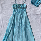 Light Blue Vintage Fashion Playful Deep V Exquisite Floral Beaded Halter Long Satin Tulle Fairy Ball Gown Square Neck Prom Dress Evening Dress Birthday Party Dress HZ1023