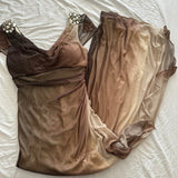 Brown and Cream Sparkly Ombre Stunning Shiny Vintage Fashion Stunning Elegant Delicate Rhinestone Long Chiffon Ball Gown Evening Gown Birthday Party Gown Fairy Ball Gown Graduation Gown HZ1023