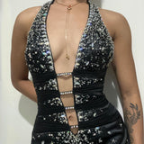 Black Gorgeous Vintage Fashion Elegant Exquisite Beaded Spaghetti Strap Long Satin Ball Gown Evening Gown Birthday Party Dress Prom Gown HZ1023