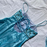 Light Blue Vintage Fashion Playful Deep V Exquisite Floral Beaded Halter Long Satin Tulle Fairy Ball Gown Square Neck Prom Dress Evening Dress Birthday Party Dress HZ1023