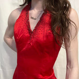 Cherry Red Vintage Exquisite Beading Gorgeous Bright Sexy Backless Long Satin Slit Formal Prom Dress Evening Dress Wedding Guest Dress Birthday Party Dress HZ1023