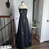 Black vintage fashion elegant exquisite beaded floral spaghetti straps long A-line satin tulle ball gown evening dress party dress prom dress HZ1023