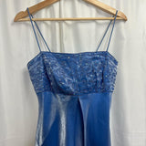 Blue Beautiful Vintage Fairy Long Satin Tulle Gown Delicately Beaded Spaghetti Straps Prom Dress Evening Party Dress Prom Dress HZ1023