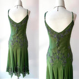 Green Vintage Fashion Elegant Exquisite Beaded Long Chiffon Suspender Dress Floral Embroidery Ball Gown Evening Gown Party Dress Prom Gown HZ1023