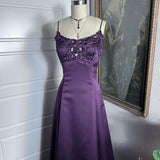 Purple Vintage Fashion Elegant Exquisite Beaded Long Spaghetti Strap Satin prom dress Evening Dress Party Dress HZ1023