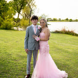 Pink strapless exquisite applique mermaid long tulle ball gown evening dress HZ1023