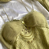 Green Gold Retro Fashion Beautiful Fantasy Exquisite Rhinestone Gemstone Beaded Spaghetti Straps Long Chiffon Lace Ball Gown Evening Party Dress Prom Dress HZ1023