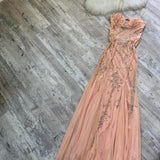 Pretty Vintage Peach Cream Delicate Silver Floral Sequin Beaded Long Chiffon Ball Gown Evening Gown Prom Dress Birthday Party Dress HZ1023