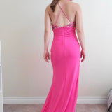 Pink Fashion Elegant V-neck Exquisite Beading Spaghetti Strap Backless Lace-up Long Satin prom dress Evening Dress Party Dress HZ1023
