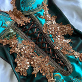 Turquoise Beautiful Fantasy Vintage Elegant Delicate Floral Sequin Beaded Bustier Midi Satin Homecoming Gown Prom Gown Evening Gown Party Gown Graduation Gown HZ1023