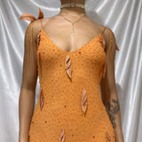 Orange gorgeous retro fashion elegant exquisite leaf beading spaghetti strap long chiffon ball gown evening dress birthday party dress prom dress HZ1023