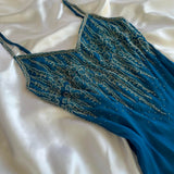 ???Vintage Blue Fashion Exquisite Silver Gold Beads Long Elegant Flowing Chiffon Ball Gown Evening Gown Party Dress Prom Gown HZ1023