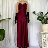 Burgundy Red Gorgeous Retro Fashion Rhinestone Gown Sweetheart Neck Long Satin Ball Gown Evening Gown Party Dress Prom Gown HZ1023