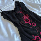 Black Elegant Delicate Red Rose Floral Beaded Long Chiffon Ball Gown Evening Dress Party Dress Prom Dress HZ1023