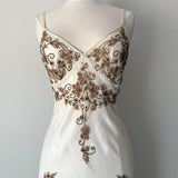 Ivory White Gorgeous Vintage Delicate Gold Brown Beaded Spaghetti Straps Fairy Long Chiffon Ball Gown Evening Gown Party Gown Wedding Guest Gown Homecoming Gown Graduation Gown Prom Gown HZ1023