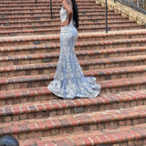 Blue gorgeous shiny spaghetti strap bodycon long tulle ball gown mermaid evening dress HZ1023