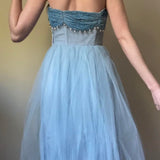 Blue Vintage Elegant Pearl Long Tulle Ball Gown Evening Gown Party Dress HZ1023