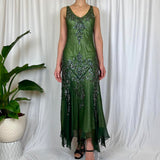Green Vintage V Neck Elegant Exquisite Beaded Long Chiffon Ball Gown Evening Gown Party Dress Prom Gown HZ1023