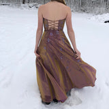 Pretty Brown Shiny Delicate Floral Beading Elegant Spaghetti Strap Long Satin Ball Gown Evening Dress Party Dress Prom Dress HZ1023