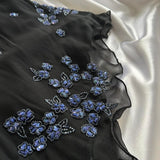 Black gorgeous shiny beautiful stylish unique elegant exquisite blue floral beading long chiffon ball gown evening dress party dress HZ1023