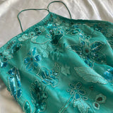 Green Beautiful Vintage Gorgeous Fashion Elegant Exquisite Beaded Sequined Strapless Long Asymmetric Chiffon Flowing Ball Gown Evening Dress Birthday Wedding Guest/Birthday Party Dress Prom Dress HZ1023