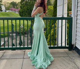 Green elegant fashion V-neck long satin floor-length train slit backless evening dress party dress prom dress ball gown graduation dress HZ1023