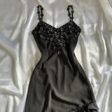 ??? Black Beautiful Vintage Elegant Exquisite Floral Beading 3D Flower Applique Asymmetric Ruffle Dress Midi Chiffon Homecoming Dress Prom Dress Evening Dress Party Dress Graduation Dress HZ1023