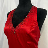 Cherry Red Vintage Exquisite Beading Gorgeous Bright Sexy Backless Long Satin Slit Formal Prom Dress Evening Dress Wedding Guest Dress Birthday Party Dress HZ1023