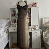 Brown and cream fashion gradient beautiful unique glitter maxi dress suspender vintage elegant long chiffon tulle ball gown evening dress party dress prom dress HZ1023