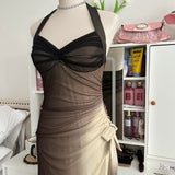 Brown and cream fashion gradient beautiful unique glitter maxi dress suspender vintage elegant long chiffon tulle ball gown evening dress party dress prom dress HZ1023