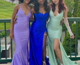 Green elegant fashion V-neck long satin floor-length train slit backless evening dress party dress prom dress ball gown graduation dress HZ1023