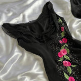 Black gorgeous shiny fashion elegant exquisite floral embroidery long chiffon ball gown evening dress party dress HZ1023
