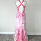 Pink Fashion Gradient Elegant V-neck Exquisite Floral Beading Backless Long Tulle Satin prom dress Evening Dress Party Dress HZ1023