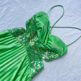 Green Vintage Fashion Playful Deep V Exquisite Beaded Sequin Camisole Long Backless Satin Fairy Ball Gown Prom Dress Evening Gown Birthday Party Dress HZ1023