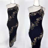 Black Gold Vintage Fashion Elegant Delicate Silver Floral Beads Long Chiffon Tulle Ball Gown Evening Dress Party Dress Prom Dress Hem Asymmetric HZ1023