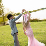 Pink strapless exquisite applique mermaid long tulle ball gown evening dress HZ1023