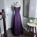 Purple Vintage Fashion Elegant Exquisite Beaded Long Spaghetti Strap Satin prom dress Evening Dress Party Dress HZ1023