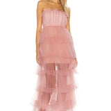 Pink fashion sweet A-line strapless long elegant layered tulle ball gown evening dress party dress HZ1023