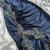 Blue gorgeous exquisite applique lace spaghetti straps long satin prom dress evening dress party dress HZ1023