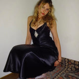 Black Fashion Retro Exquisite Rhinestone Elegant Sexy Suspender Long Satin Prom Dress Evening Dress Birthday Party Dress Prom Dress HZ1023